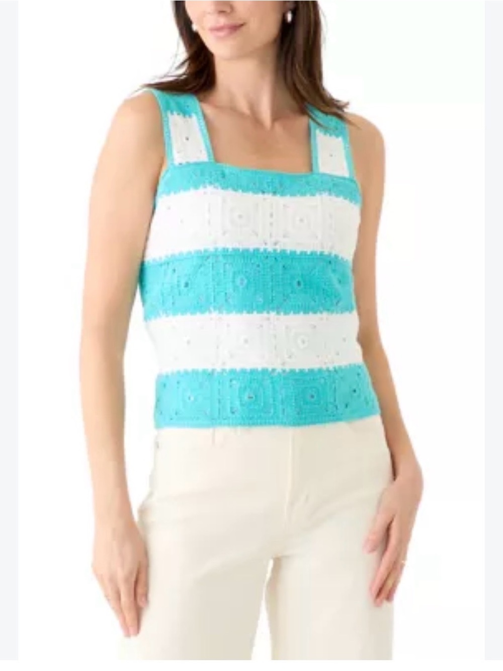 NWT Crown & Ivy Striped Crochet Square-Neck Tank Top in Turquoise and White Smal